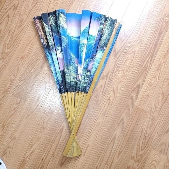 VINTAGE Large Fan 59x36 Handpainted Sky Scene Wal Art - Picture 15 of 16